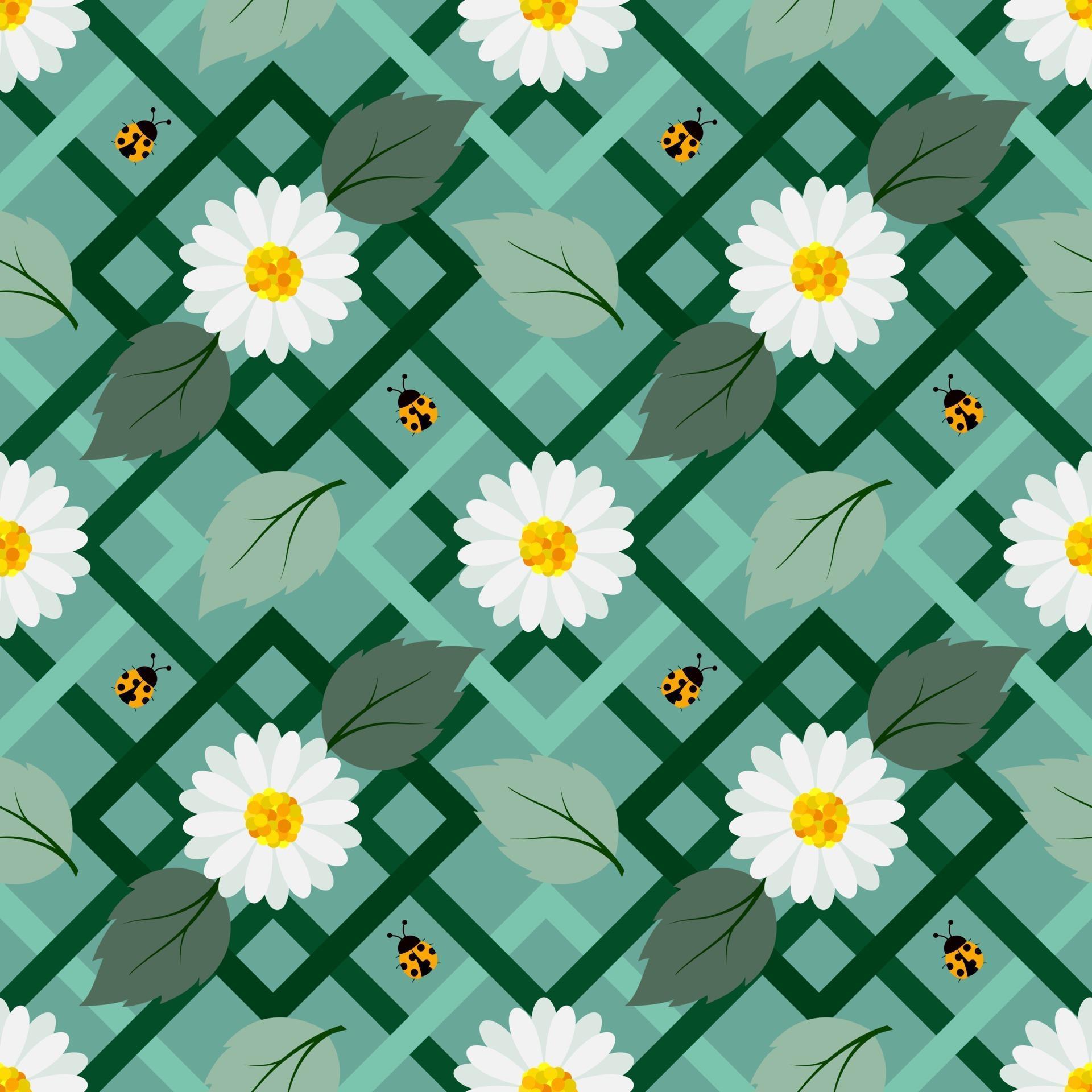 White flowers seamless repeat pattern with ladybug on geometric pastel