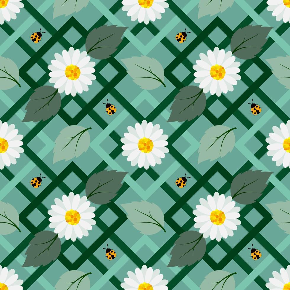 White flowers seamless repeat pattern with ladybug on geometric pastel color design for fabric textile print or wrapping paper vector