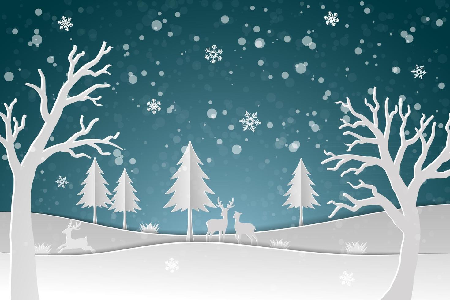 familia de ciervos con nieve de invierno en la noche feliz año nuevo y feliz navidad en papel diseño de arte fondo abstracto vector