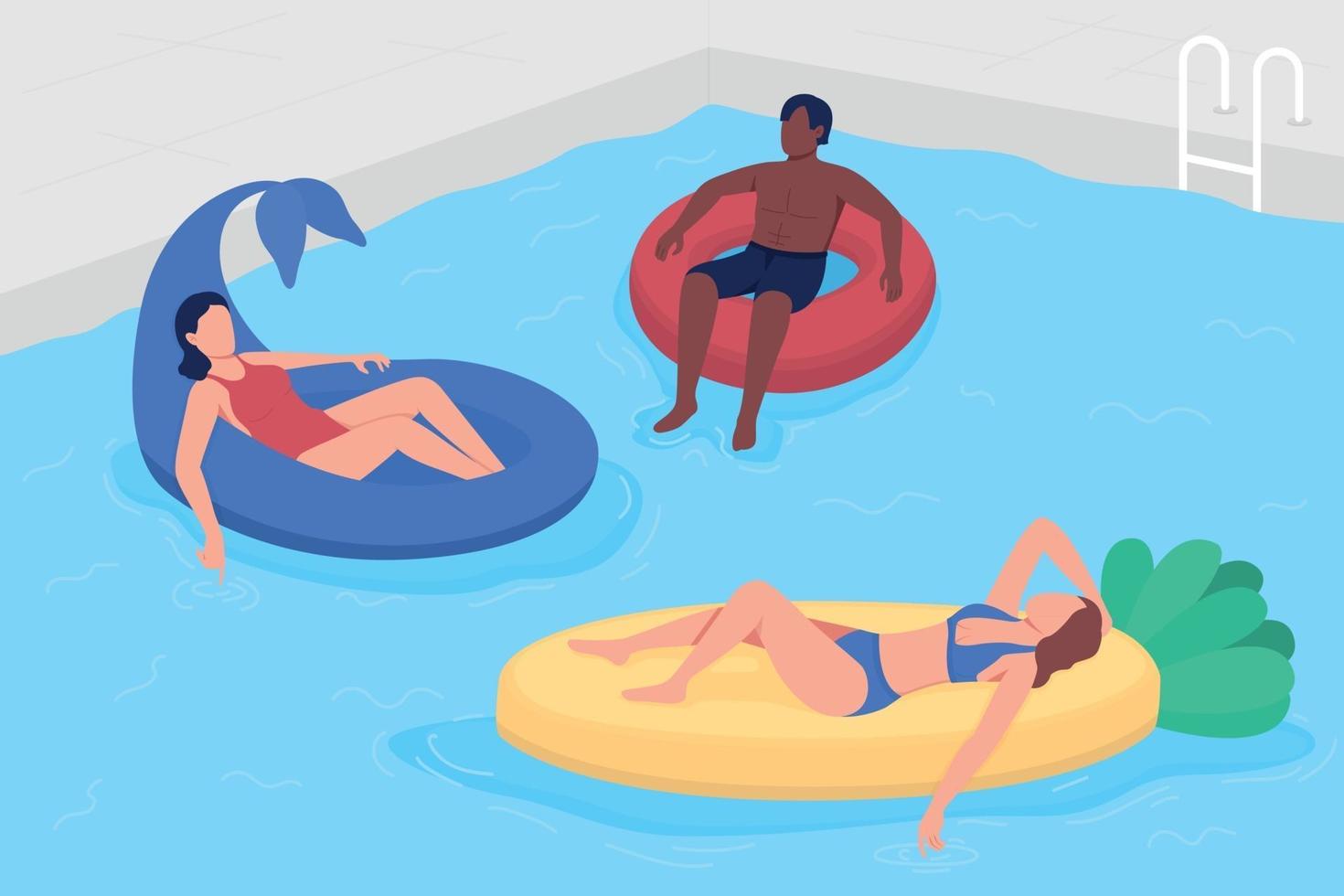 Divirtiéndose con amigos en la ilustración de vector de color plano de piscina