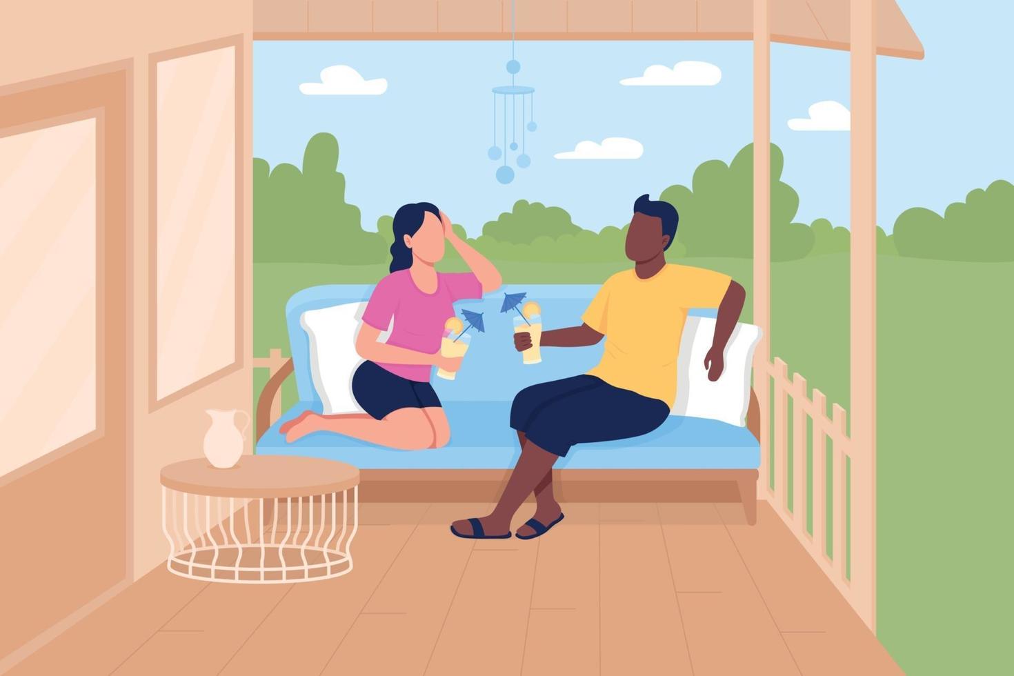 Friends meeting on patio flat color vector illustration