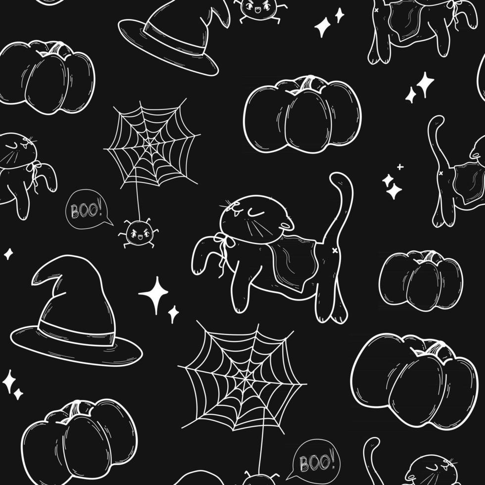 lindo patrón negro con gato de línea blanca, calabaza. Fondo transparente de halloween. textiles para niños minimalismo papel scrapbook para niños vector