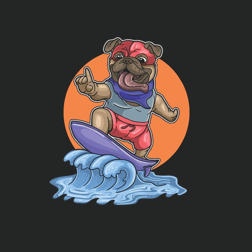 pequeño perro pug lindo que practica surf ilustración vector