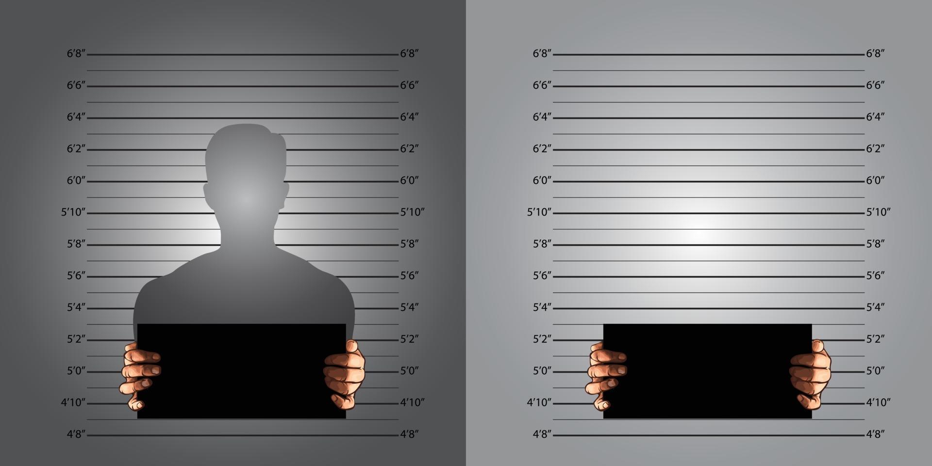 Police background measuring lines mugshot in international decimal standard and banner on two hands vector