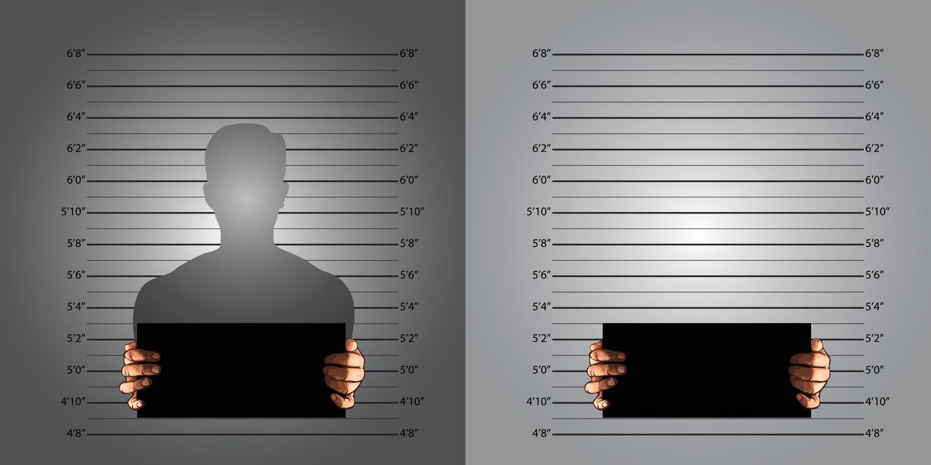 Fondo de policía líneas de medición mugshot en estándar decimal internacional y banner en vector de dos manos