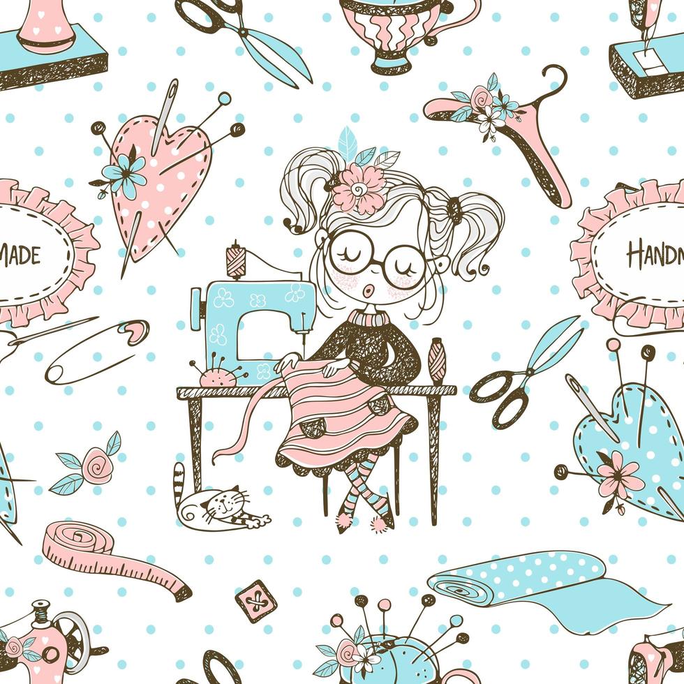 Seamless pattern with cute little dressmaker and sewing accessories Vector