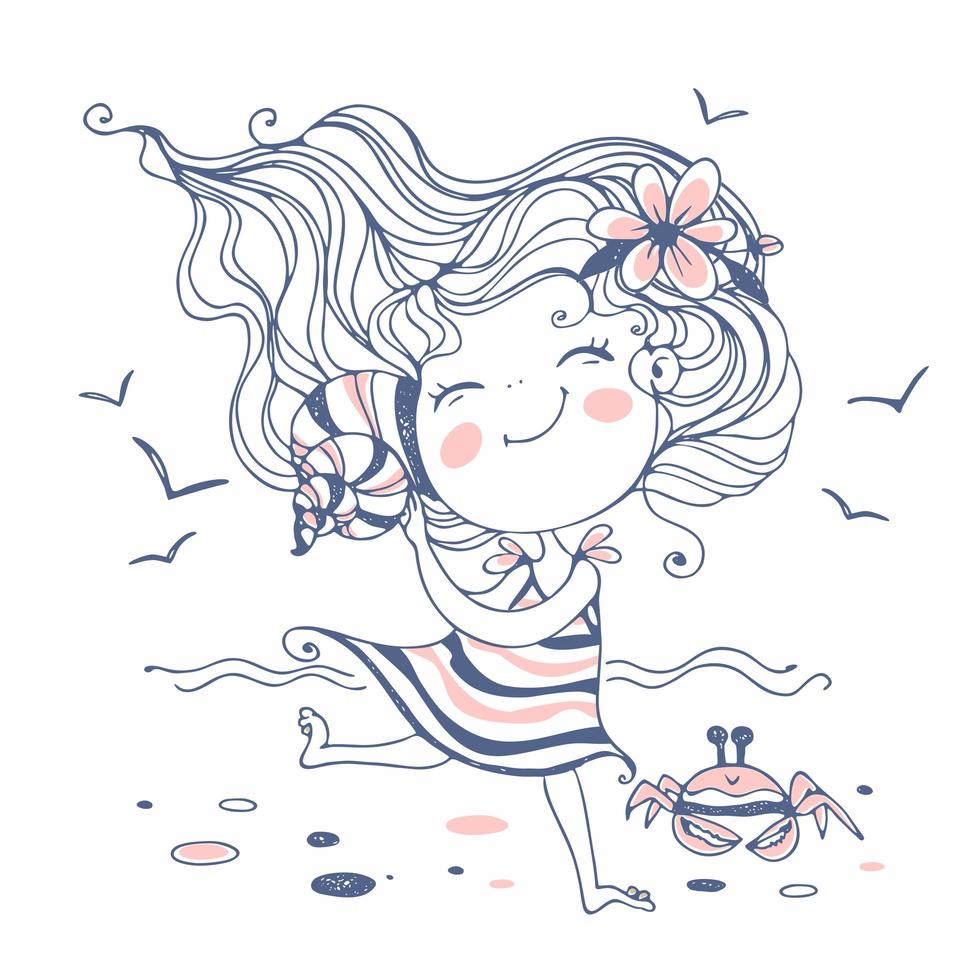 Cute little girl on the beach listening to a seashell Vector