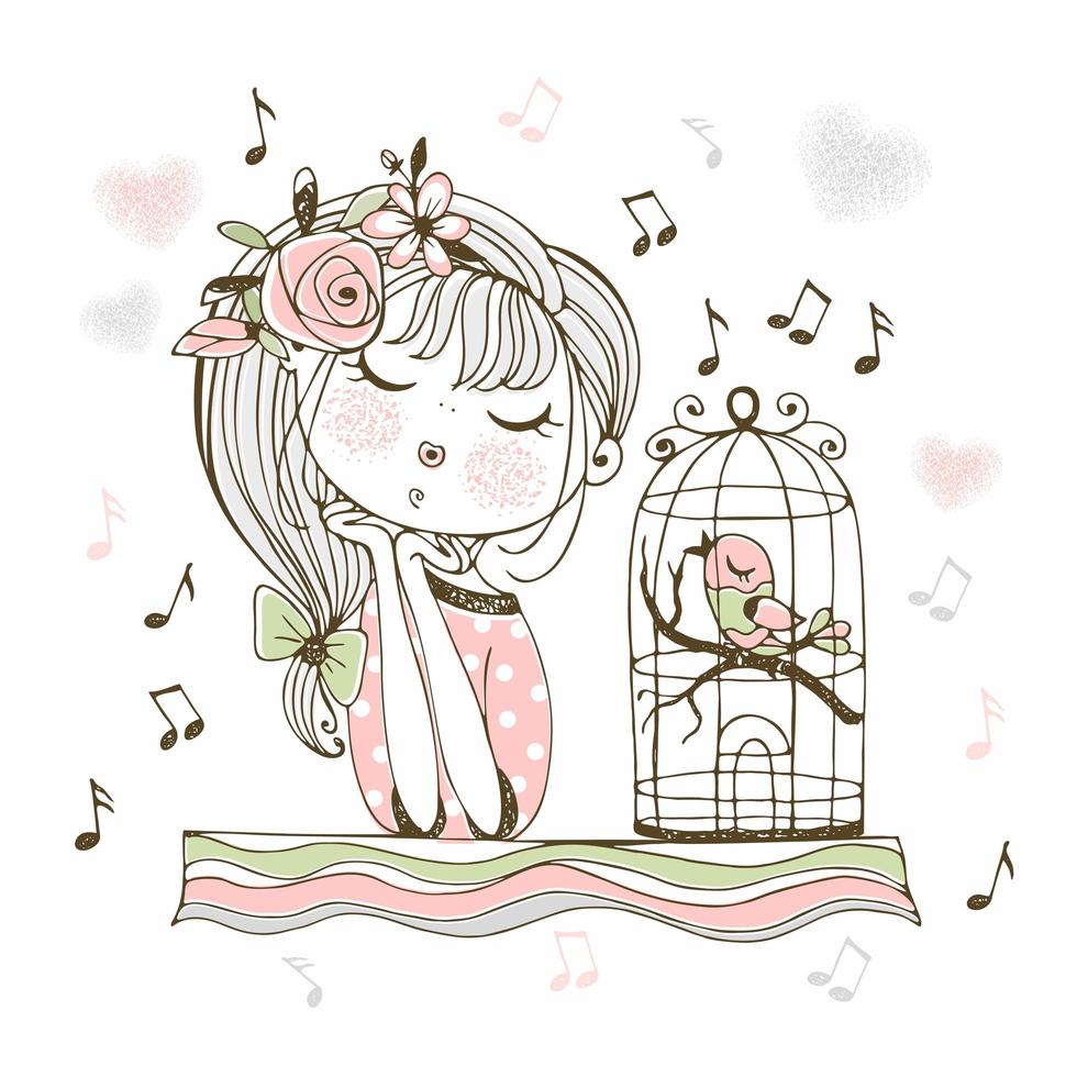 A cute girl listens to her bird singing in a cage Vector