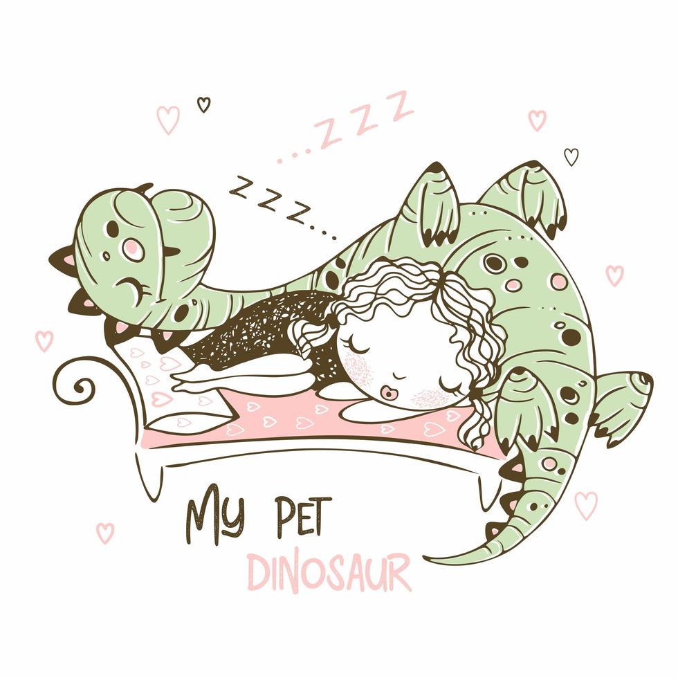 Cute girl sleeping with her pet dinosaur Cheerful picture Vector