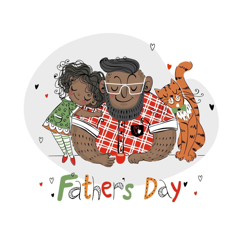 Fathers Day card for the holiday Dad with his daughter and a cat  Dark skin colorVector vector