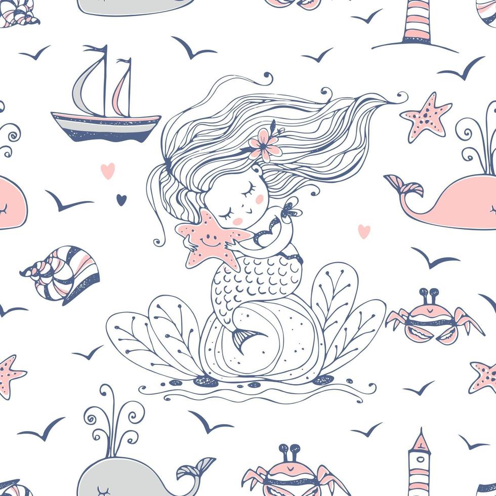 Seamless pattern with cute mermaid and sea creatures Vector