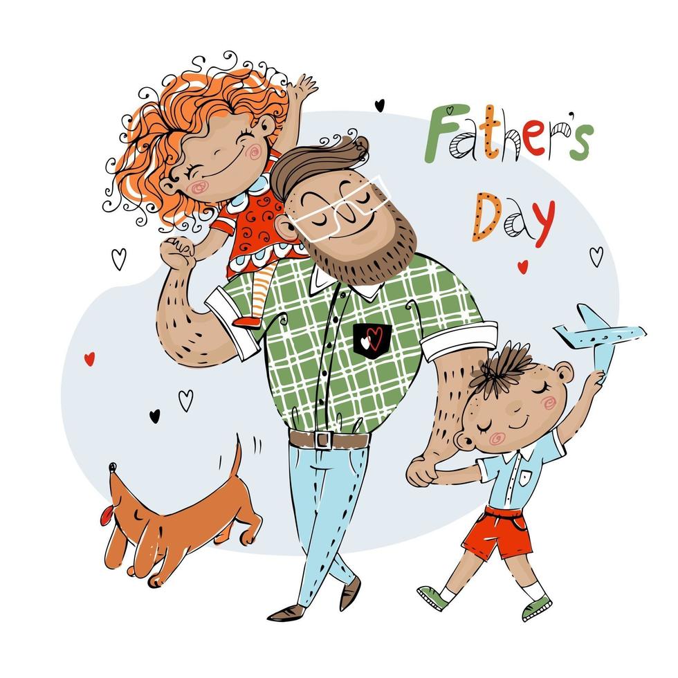 Fathers Day card for the holiday A father with a daughter with a son and a pet dog with a red dachshund Vector