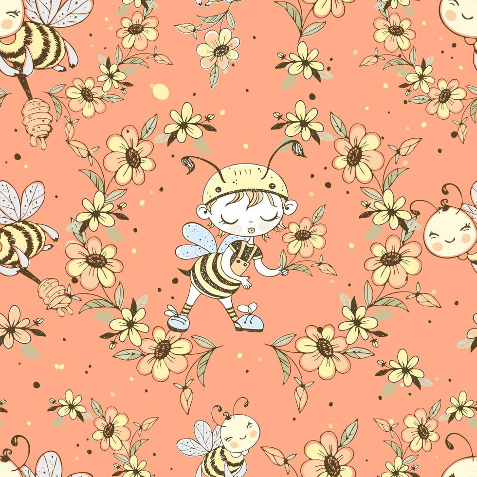 Seamless pattern with cute honeybeesVector vector