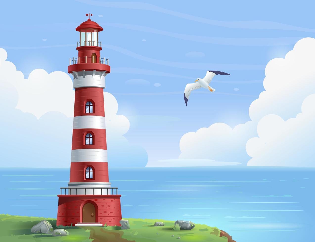 Lighthouse at sea on a sunny day. Lighthouse on a rock vector illustration