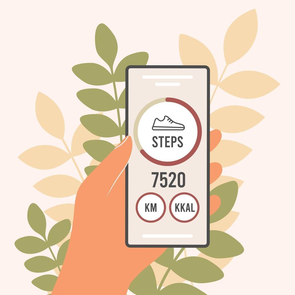 Pedometer in a mobile phone. An application that counts steps and tracks your walking progress vector