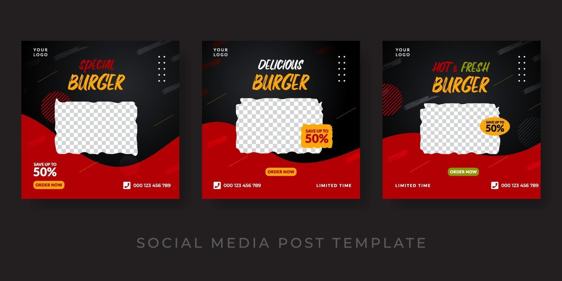 Plantilla de banner de redes sociales de promoción de menú de hamburguesas. diseño de fondo rojo y negro vector