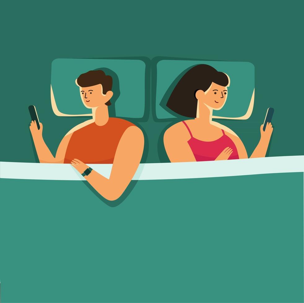 hombre y mujer acostados en la cama por la noche con smartphone vector