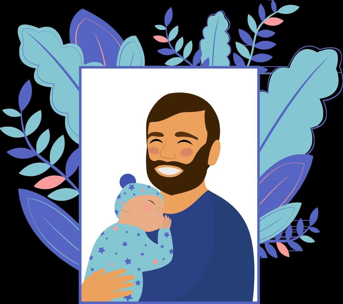 Fathers day Happy dad is holding the baby in his arms and smiling The newborn is sleeping Vector flat illustration