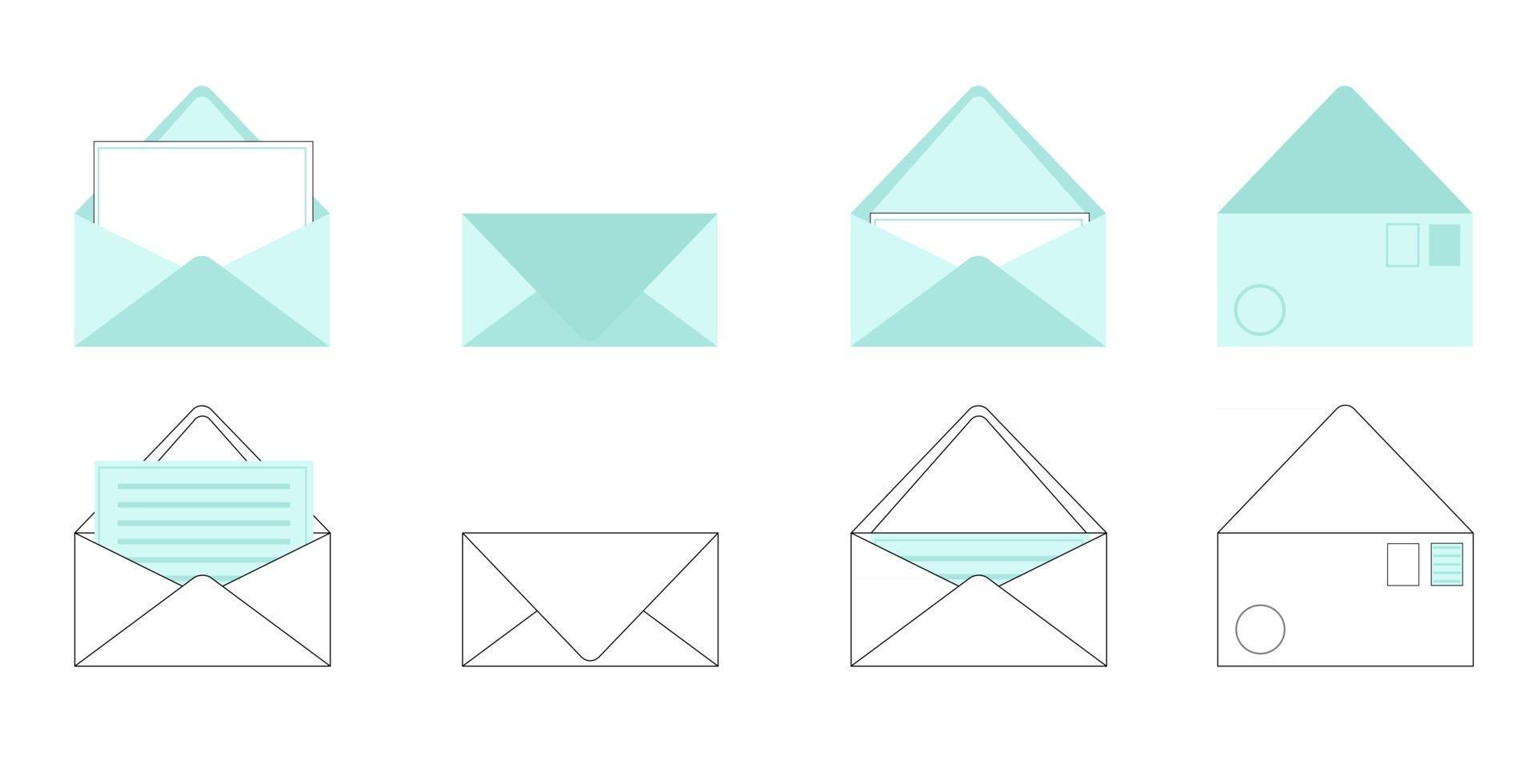 Los sobres establecen postales y cartas dentro de un sobre abierto y cerrado aislado en una ilustración de vector de vista frontal y posterior de fondo blanco