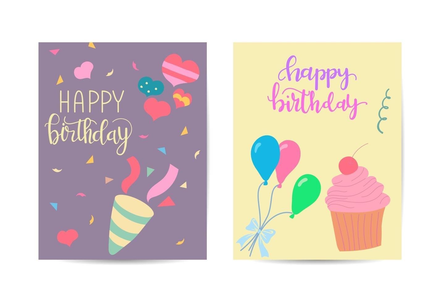 Tarjeta de felicitación de feliz cumpleaños para niños con felicitaciones, pastel, globos y celebración de fiesta ilustración vectorial vector