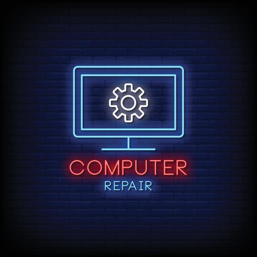 vector de texto de estilo de letreros de neón de reparación de computadoras