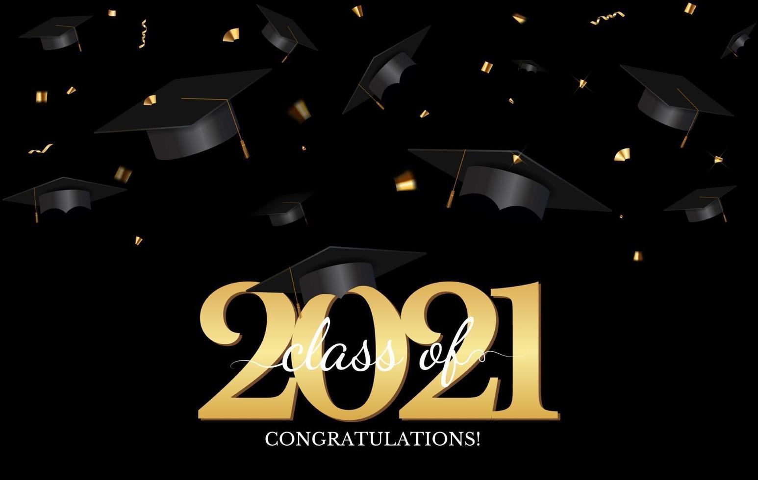 Graduation class of 2021 with graduation cap hat and confetti vector