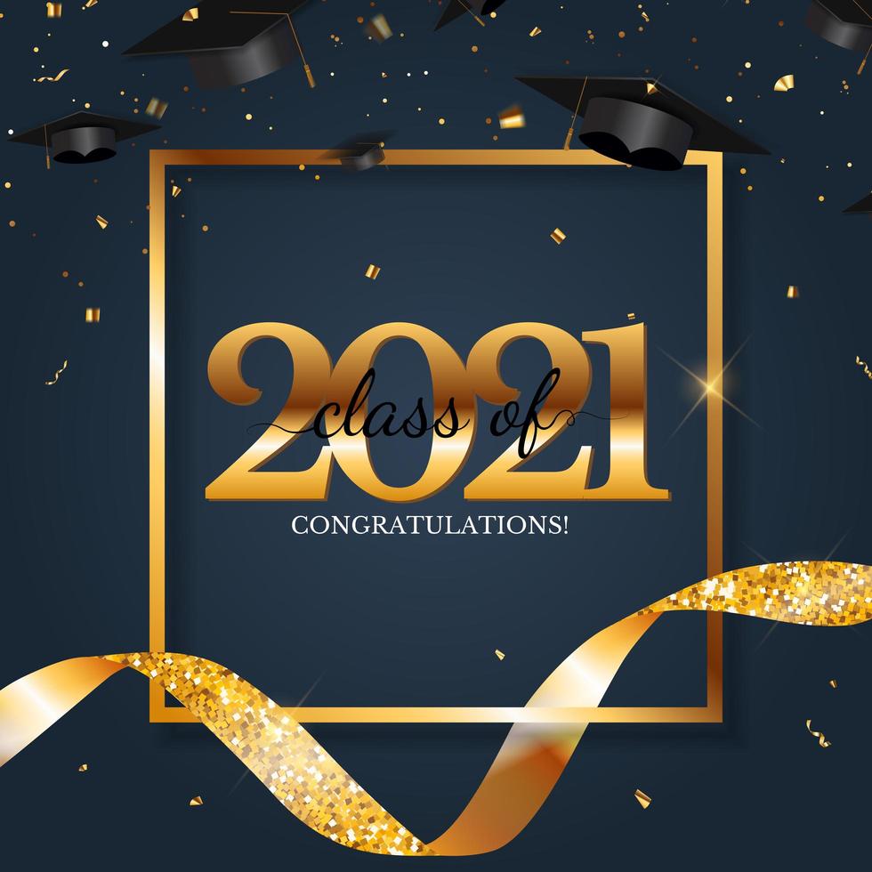 Graduation class of 2021 with graduation cap hat and confetti vector