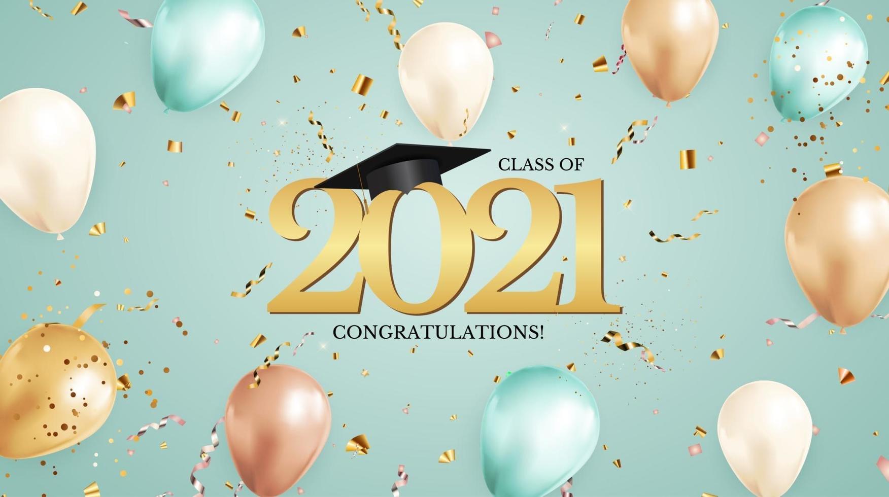 Graduation class of 2021 with graduation cap hat and confetti vector