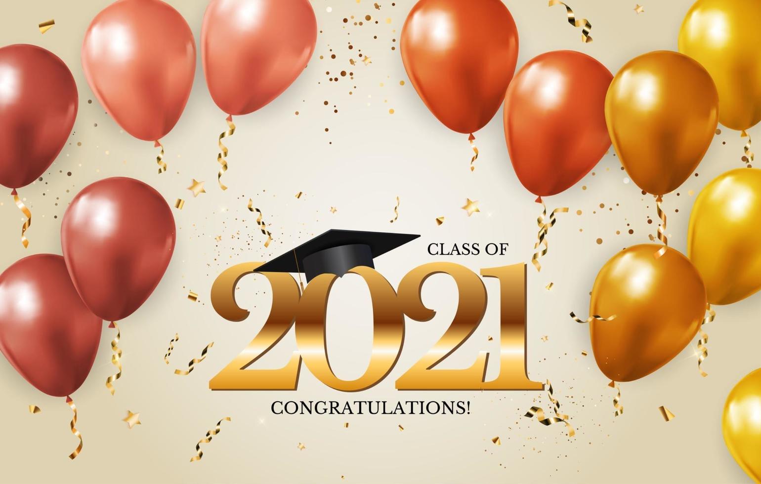 Graduation class of 2021 with graduation cap hat and confetti vector