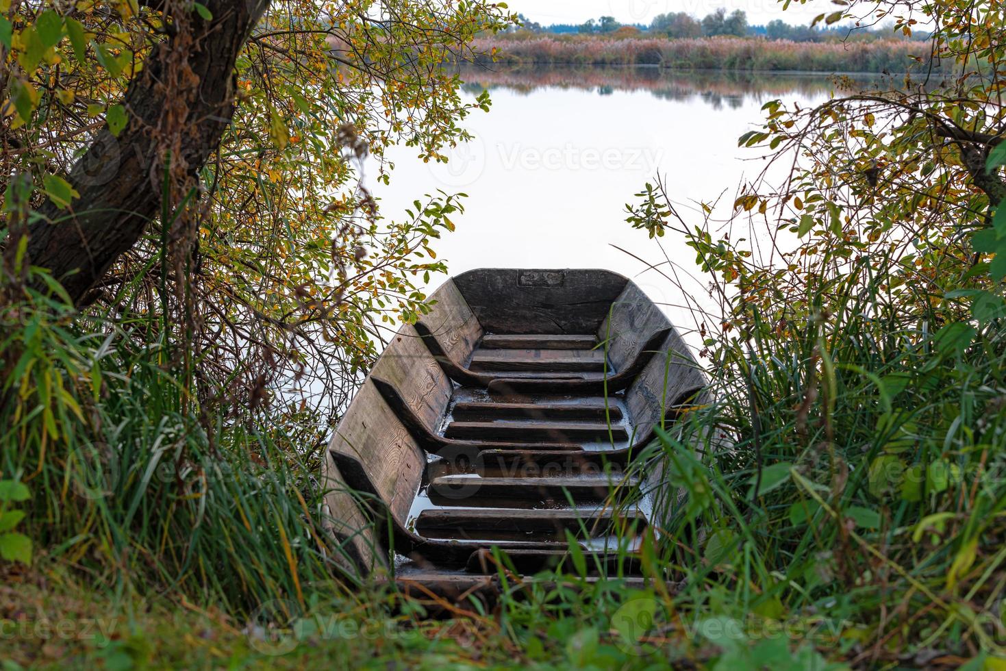 Barco de madera entre césped y árboles frente a un lago foto