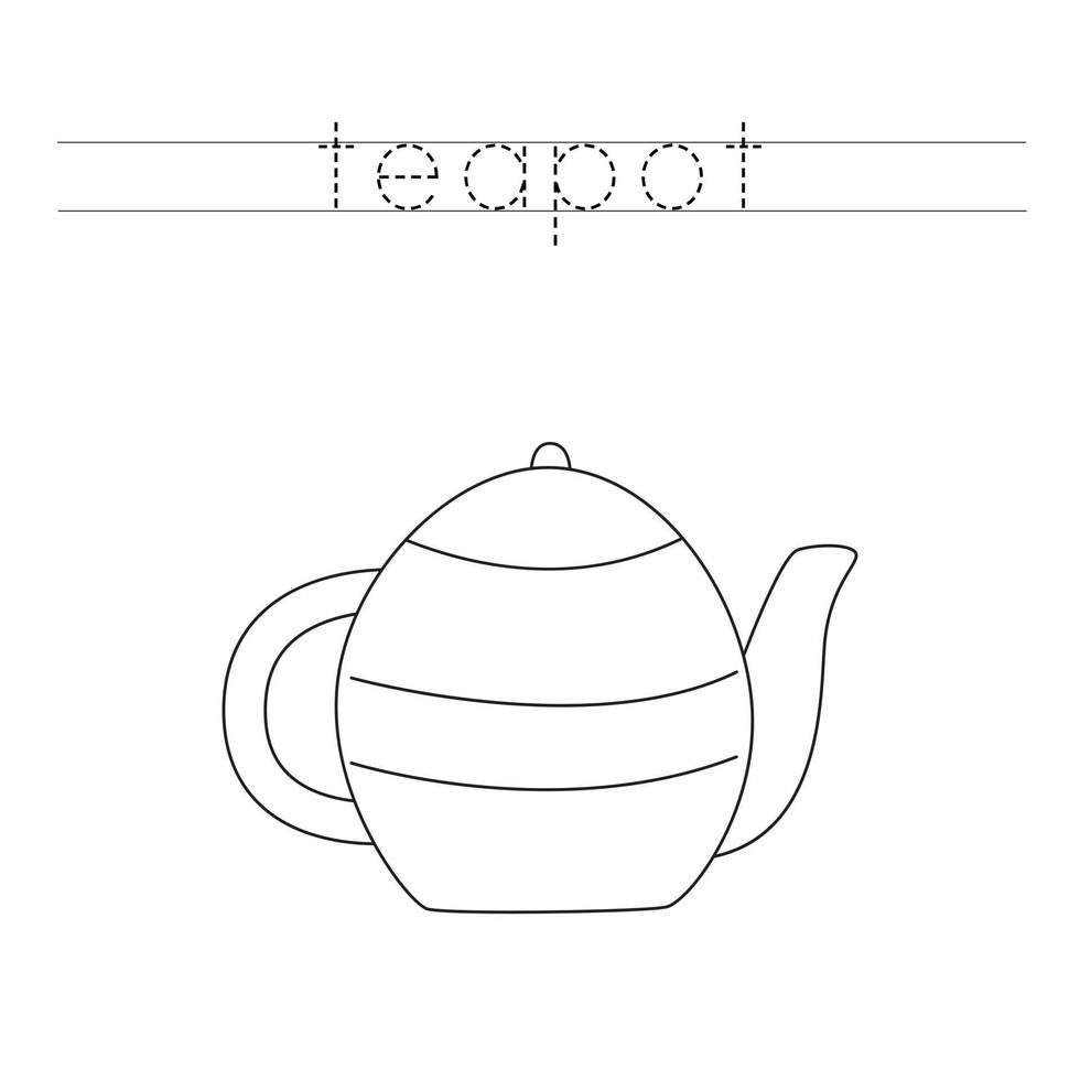 Tracing letters with cartoon kitchen tea pot Writing practice for kids vector