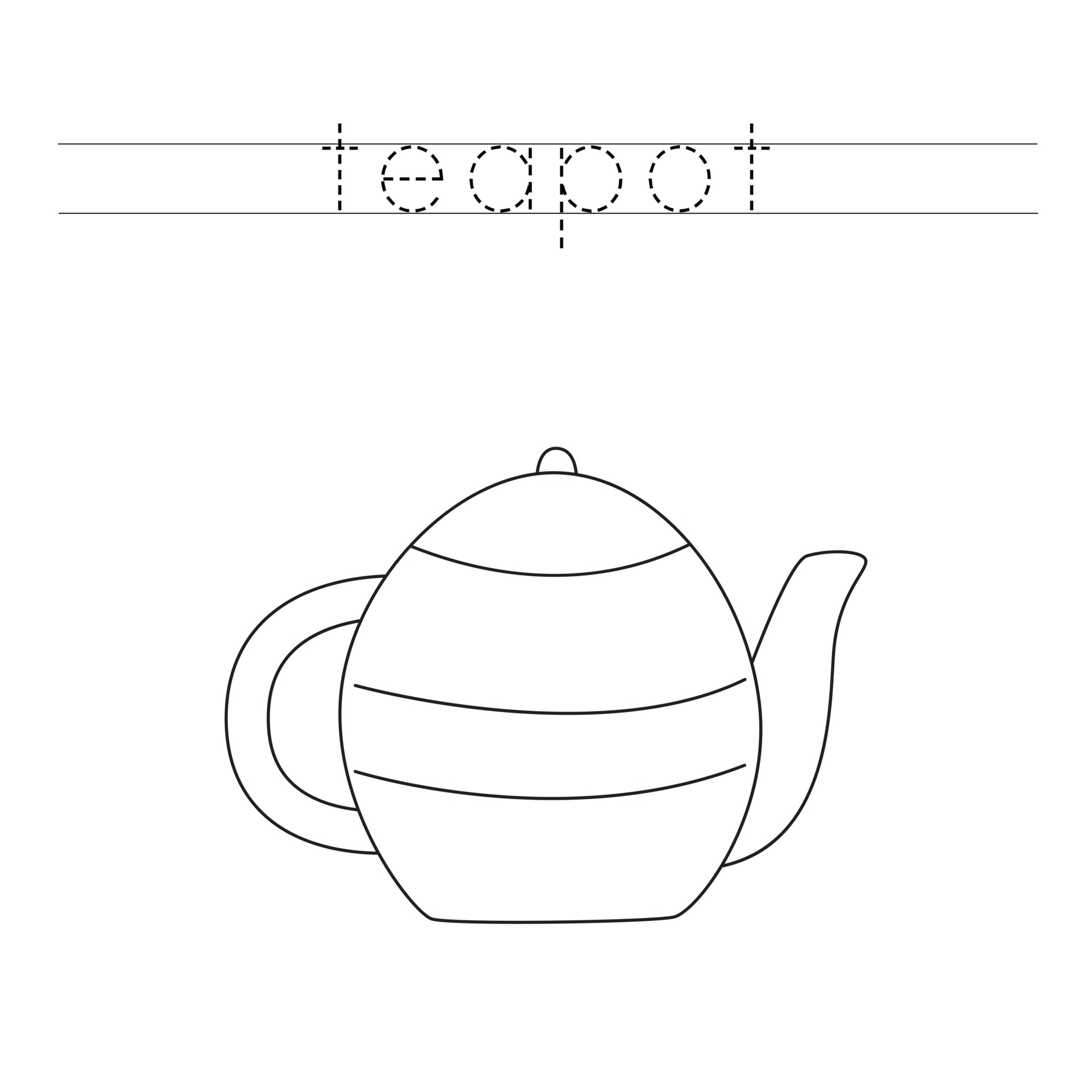 Tracing letters with cartoon kitchen tea pot Writing practice for kids