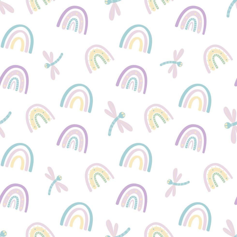 Cute rainbow and dragonfly seamless pattern. Scandinavian pattern in muted pastel colors. Hand-drawn vector illustration. Design for textiles, packaging, wrappers