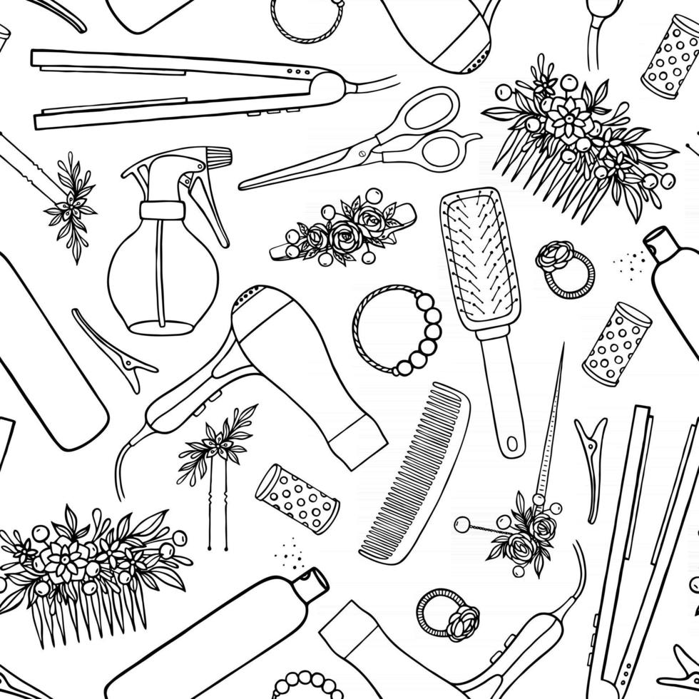 SEAMLESS BACKGROUND WITH DRAWN HAIR CLIPS AND BARBER TOOLS ON A WHITE BACKGROUND vector