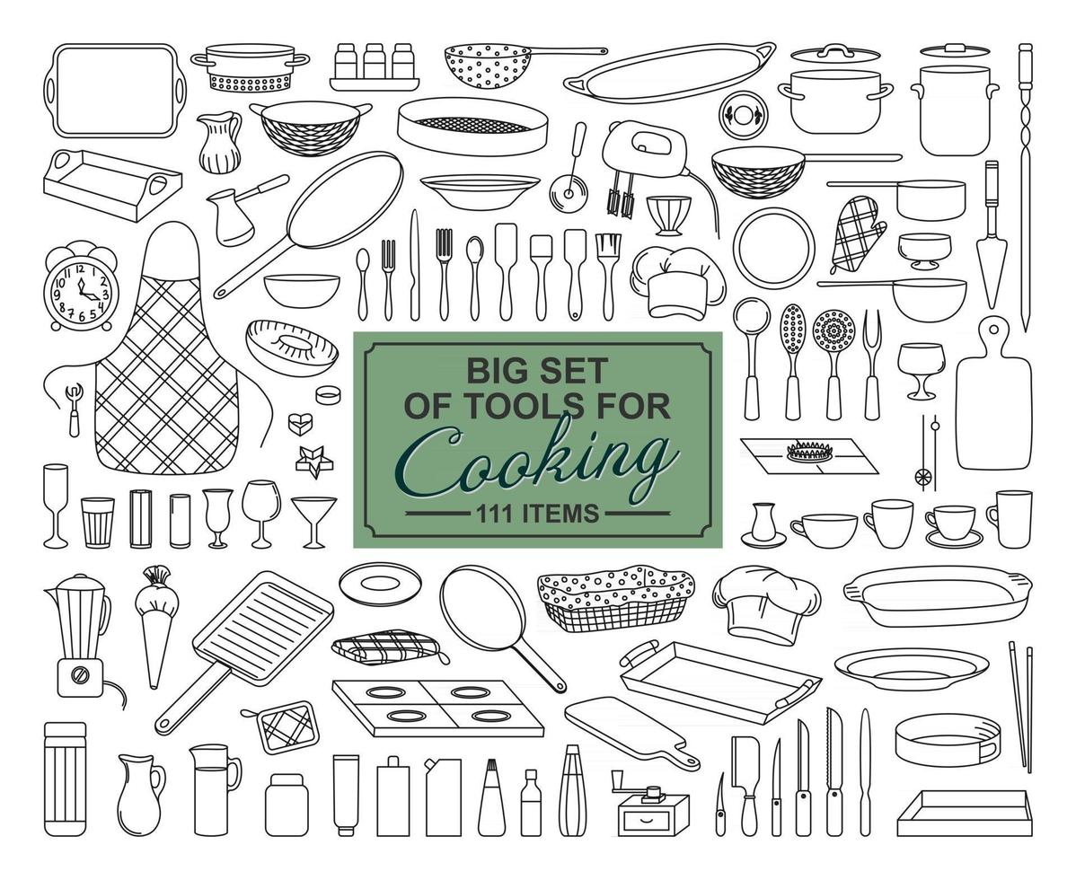 A BIG COLLECTION OF FOOD PREPARATION ITEMS ON A WHITE BACKGROUND vector