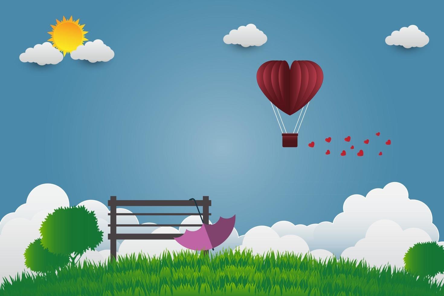 Valentine day umbrella with chair balloons in a heart shaped flying over grass view background paper art style vector