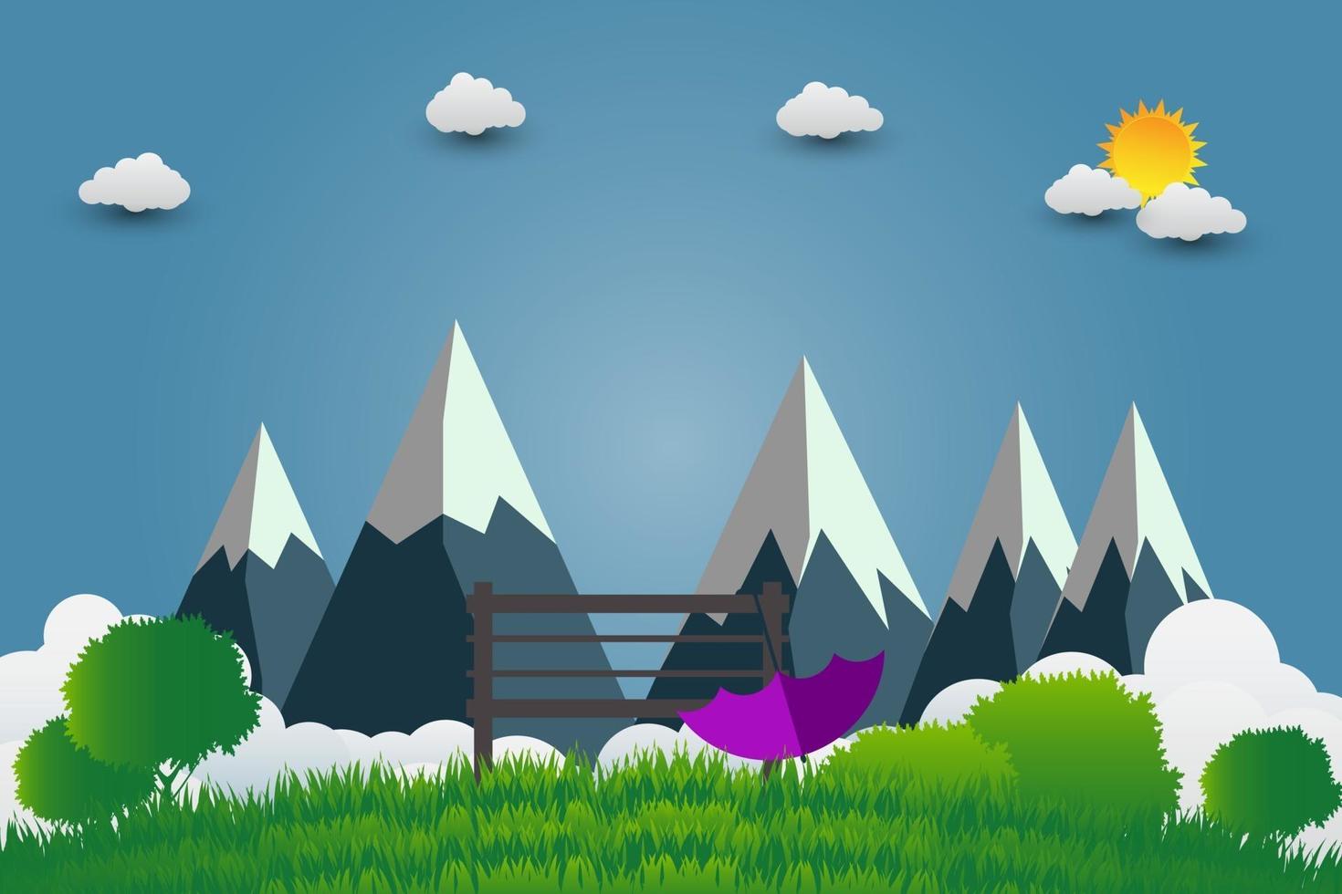 Umbrellas and chair mountains with beautiful sunsets over the clouds vector