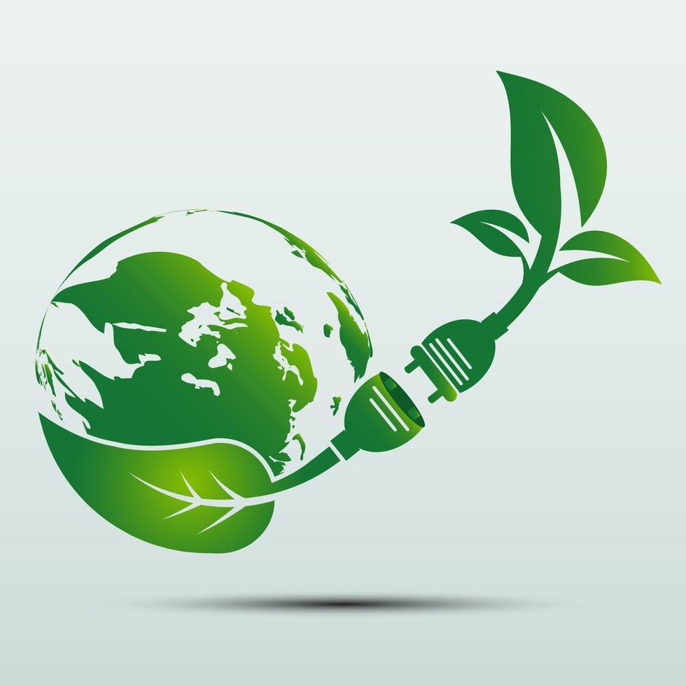 Green earth Concept Power plug leaves ecology emblem or logo vector