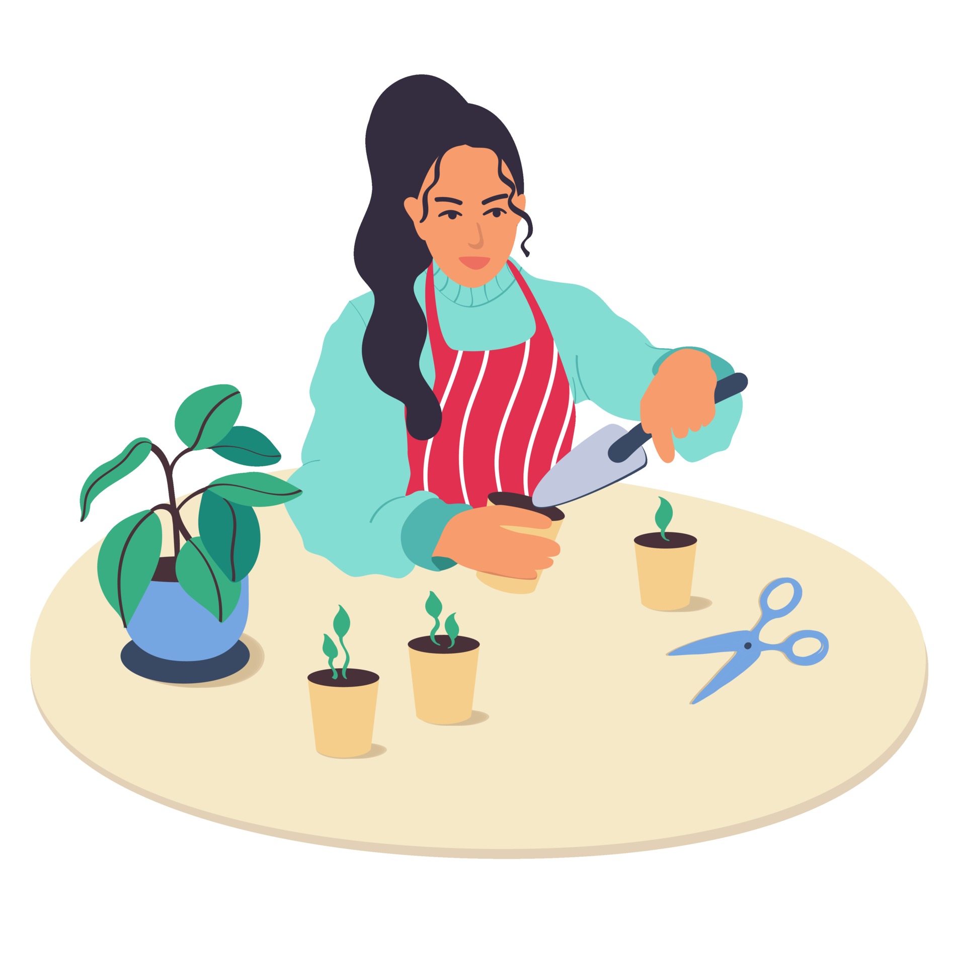 A young girl character plants plants at  woman holds in her hands  the shovel the garden,grow plants and enjoys  for indoor   illustration in a flat cartoon style 2435450 Vector