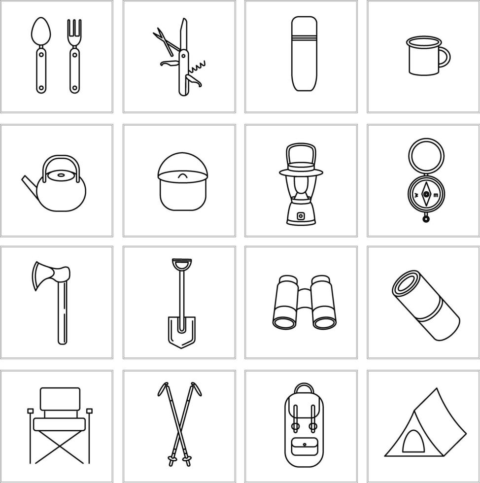 Set of vector icons for camping, travel and tourism. Collection of icons for Hiking and outdoor activities. Tent, portable flashlight, Nordic walking sticks, thermos, binoculars