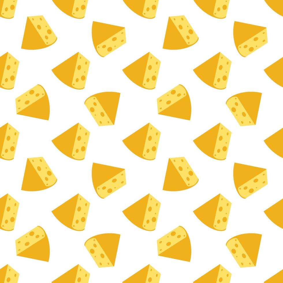 Cheese seamless pattern. Pieces of yellow cheese, isolated on a white background. Pieces of cheese of various shapes. Vector flat illustration