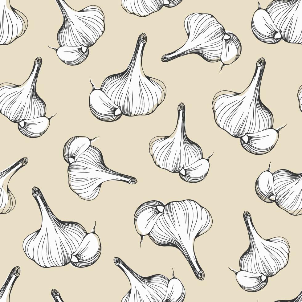 seamless pattern of garlic on a beige background. Vector illustration