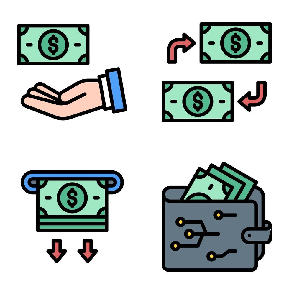 conjunto de iconos de dinero y billetera vector relacionado con el pago
