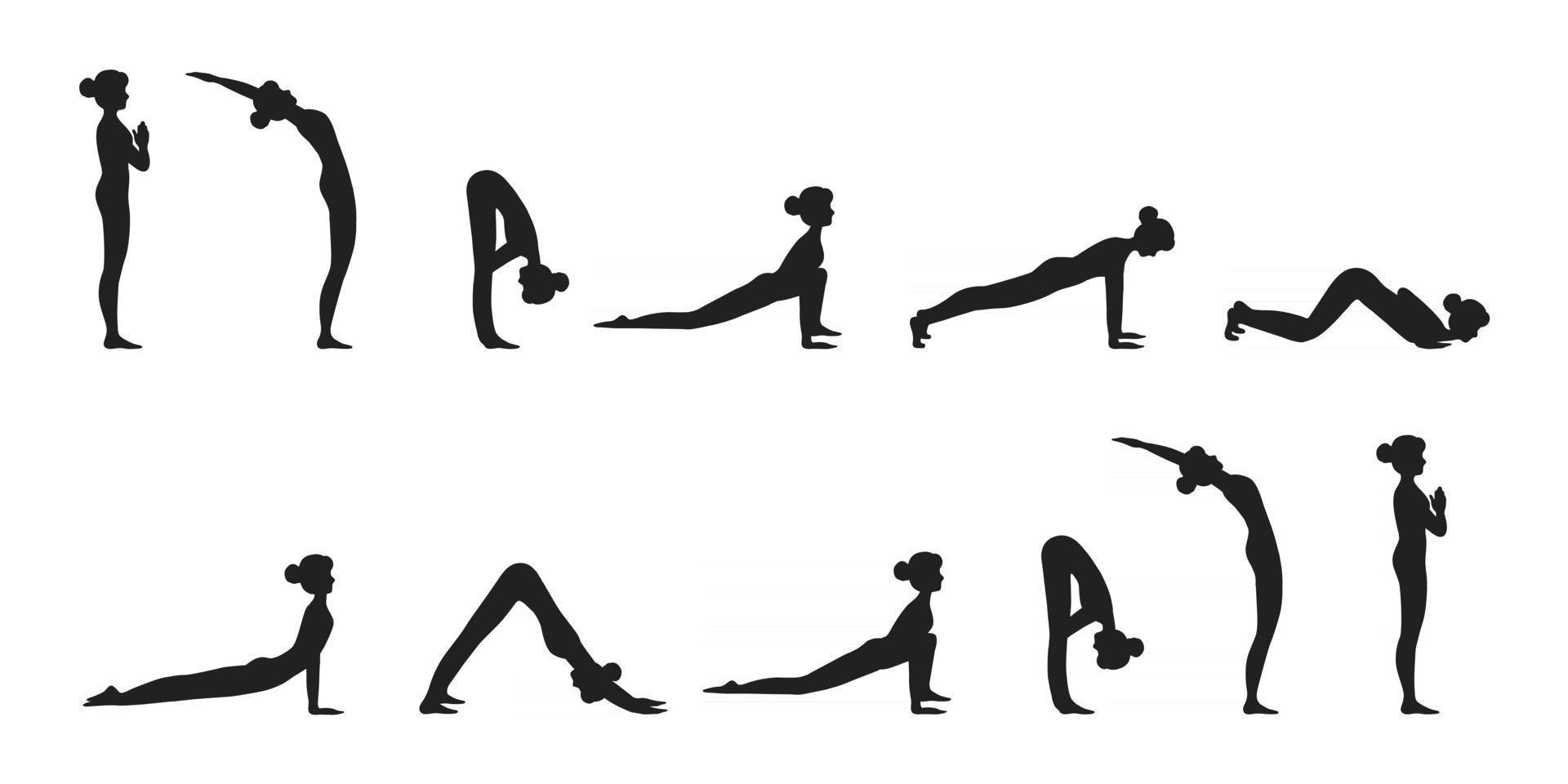 surya namaskar un saludo al sol yoga asanas secuencia conjunto ilustración vectorial vector