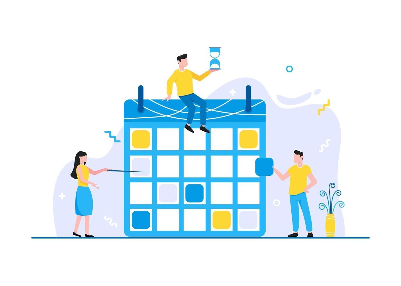 Tiny people characters working together with calendar schedule and fill out task on week schedule Teamwork and time management concept flat style design vector illustration isolated white background