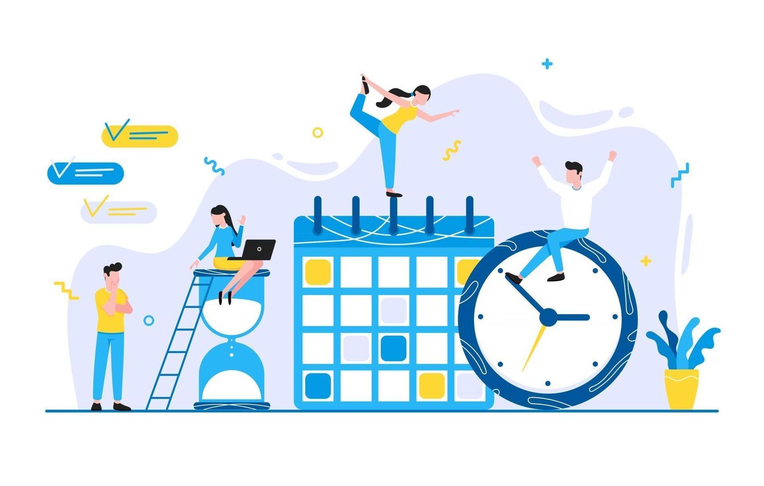 personajes de personas pequeñas que trabajan junto con el horario del calendario y completan la tarea en el horario de la semana concepto de trabajo en equipo y gestión del tiempo diseño de estilo plano ilustración vectorial fondo blanco vector