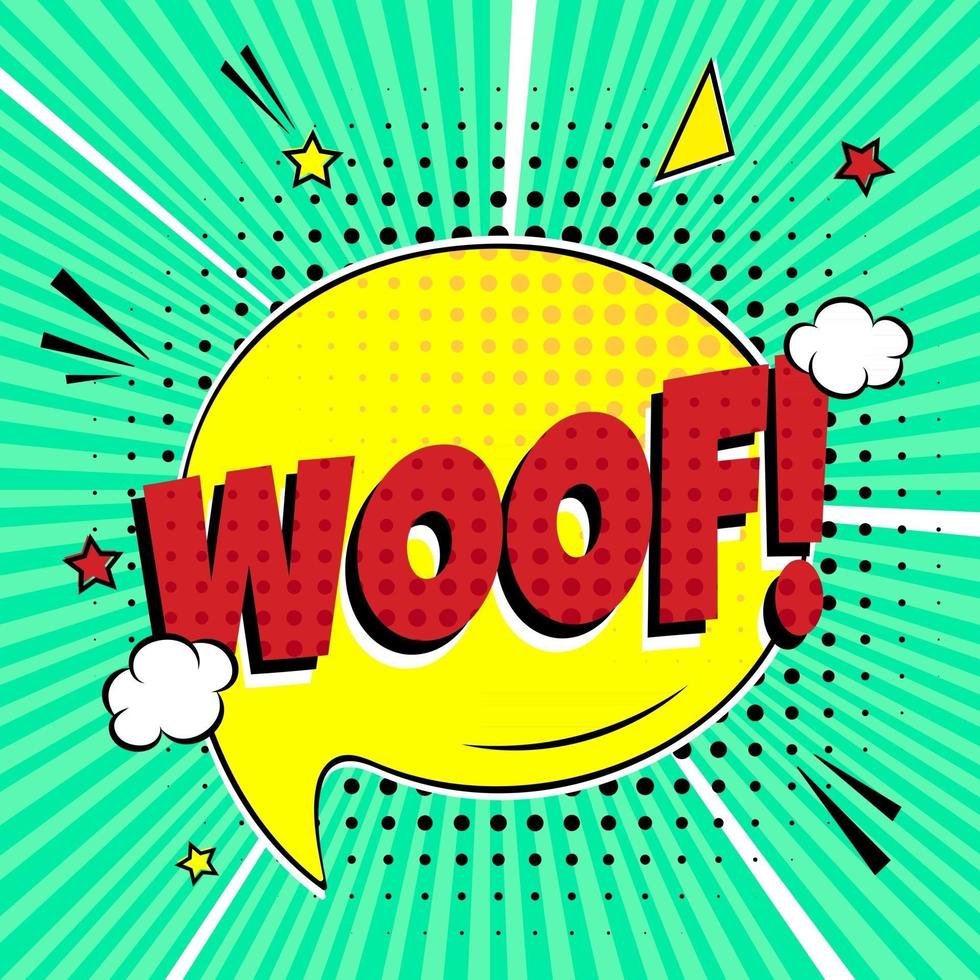 Comic lettering WOOF in the speech bubble comic style flat design Dynamic retro vintage pop art illustration isolated on green rays background Exclamation WOOF vector