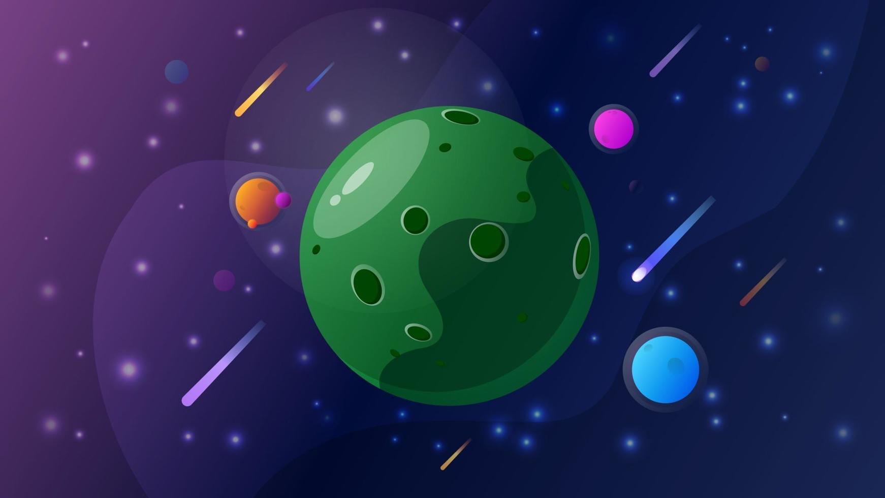 Space with big green planet comets planets and stars vector