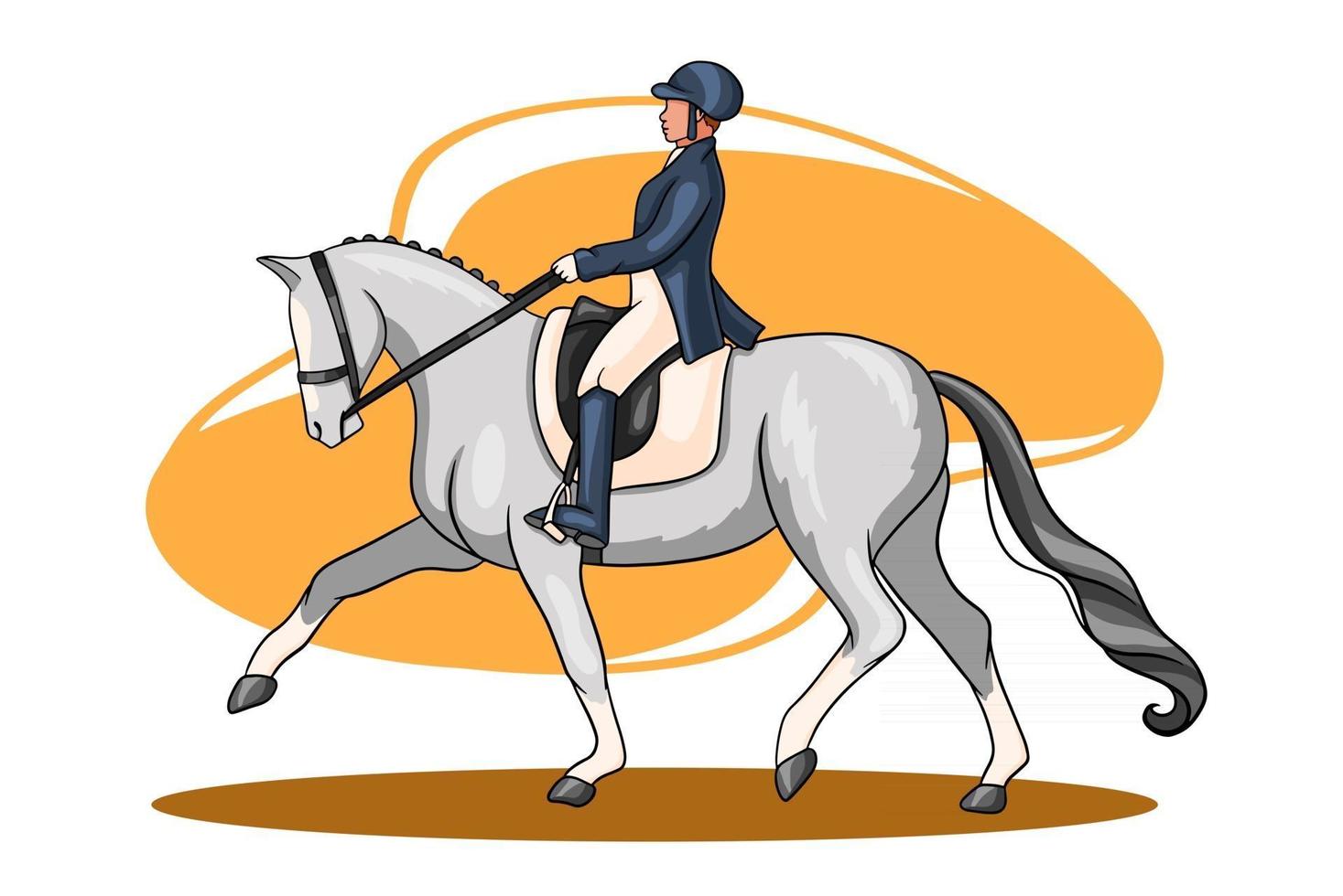 mujer de equitación montando caballo de doma en estilo de dibujos animados vector