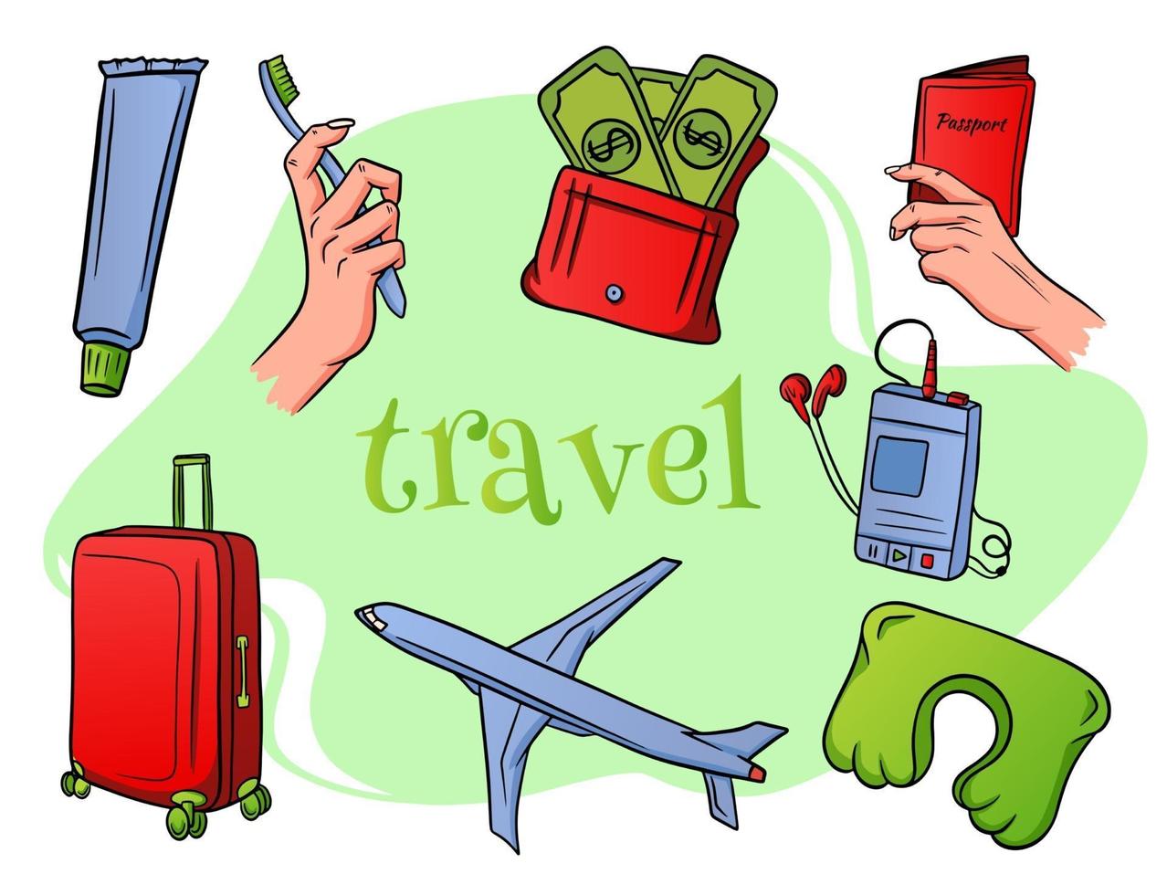 Travel essentials flying on an airplane in a cartoon style vector